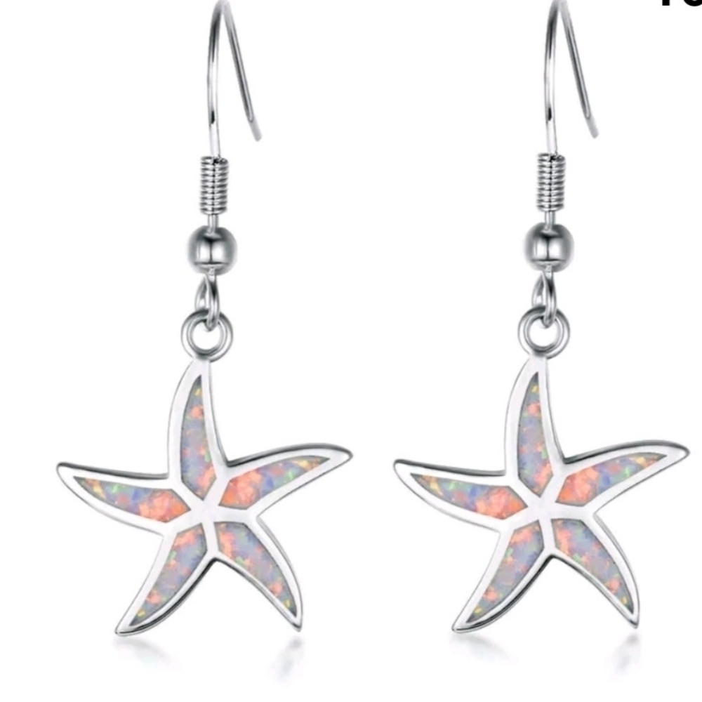 NEW Women's white simulated Opal Starfish silver earrings